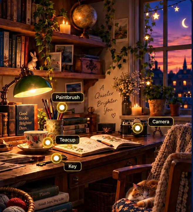 A cosy desk scene with four objects tagged: paintbrush, teacup, key and camera